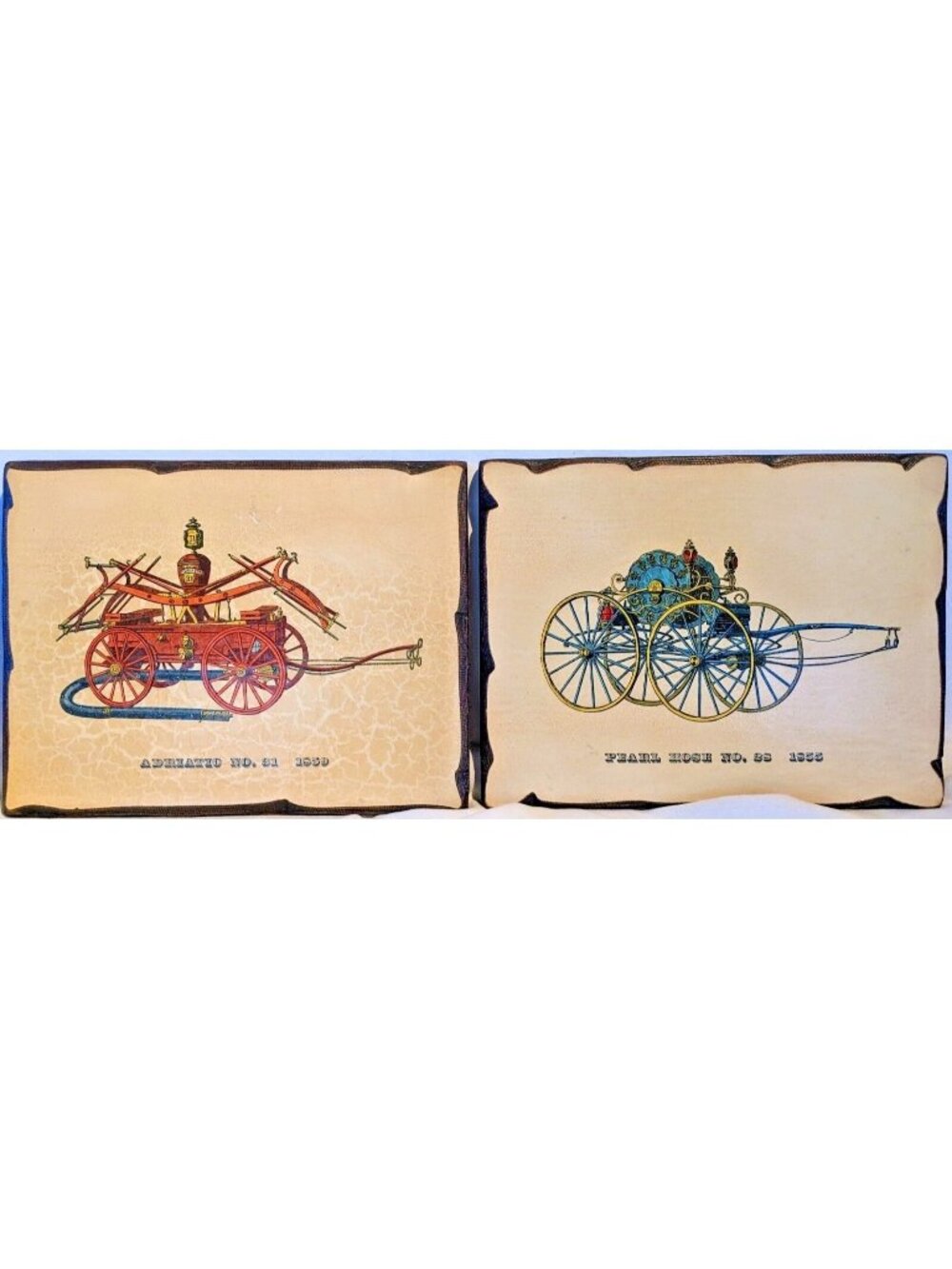 2 Vintage Wood Wall Plaques Antique Fire Engine Trucks 1800s Firefighting Decor